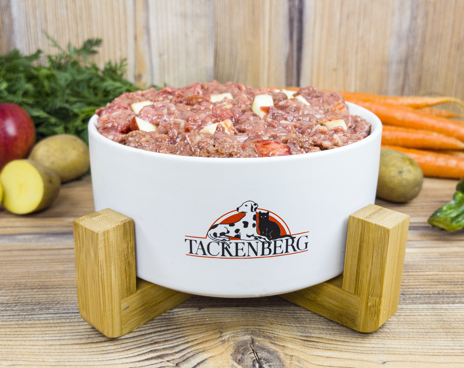 BARF Menü vom Rind mit Reis, Apfel und Lachsöl